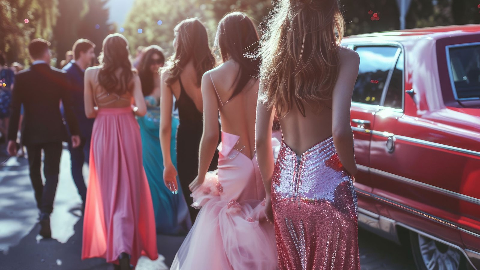 Prom attendees getting out of a luxury vehicle.