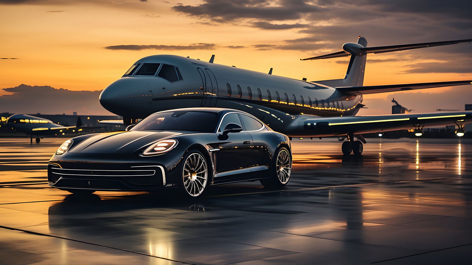Illustration of a luxury car parked on the side of the runway with a client.
